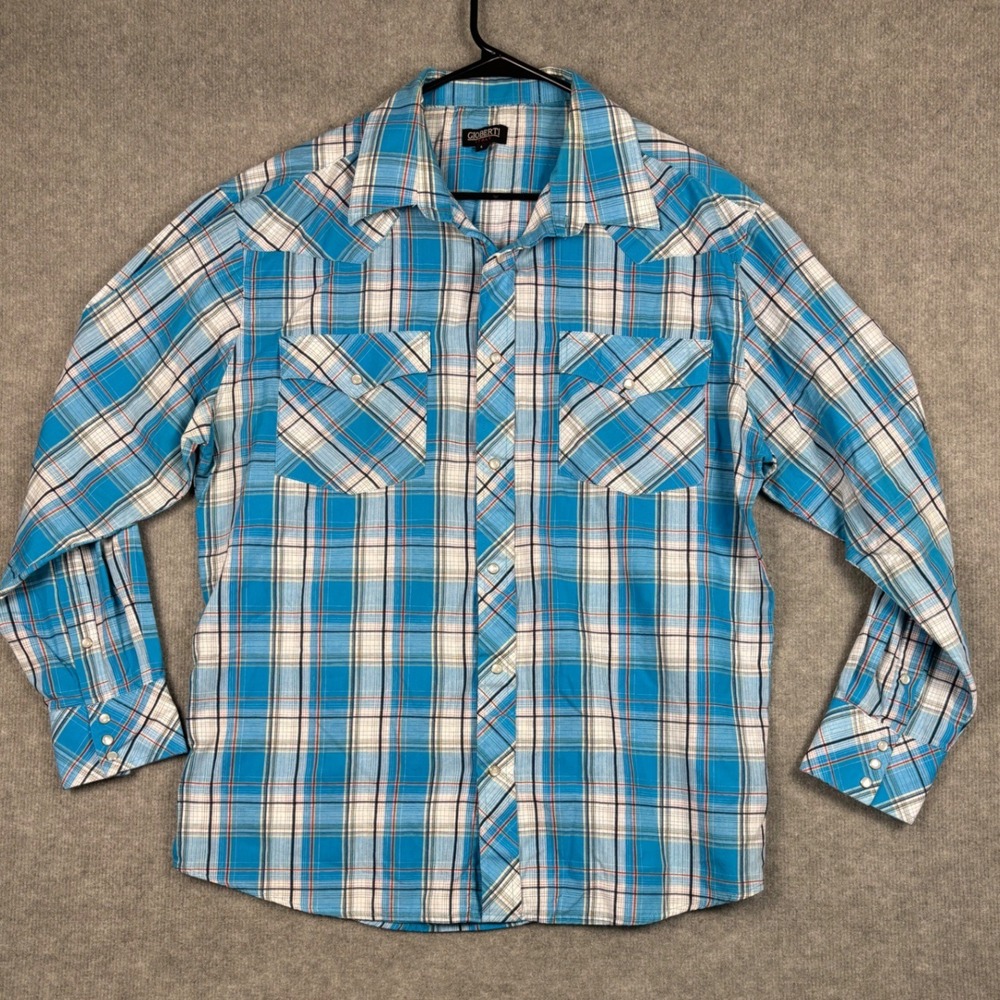 Gioberti Western Pearl Snap Shirt Plaid‎ Long Sleeve Large Blue White